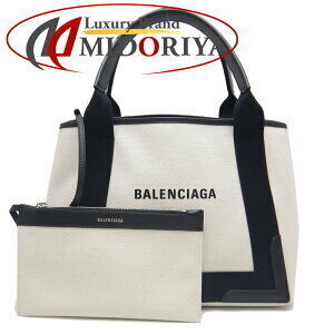 BALENCIAGA Navy Blue Cabas handbag off white black canvas leather